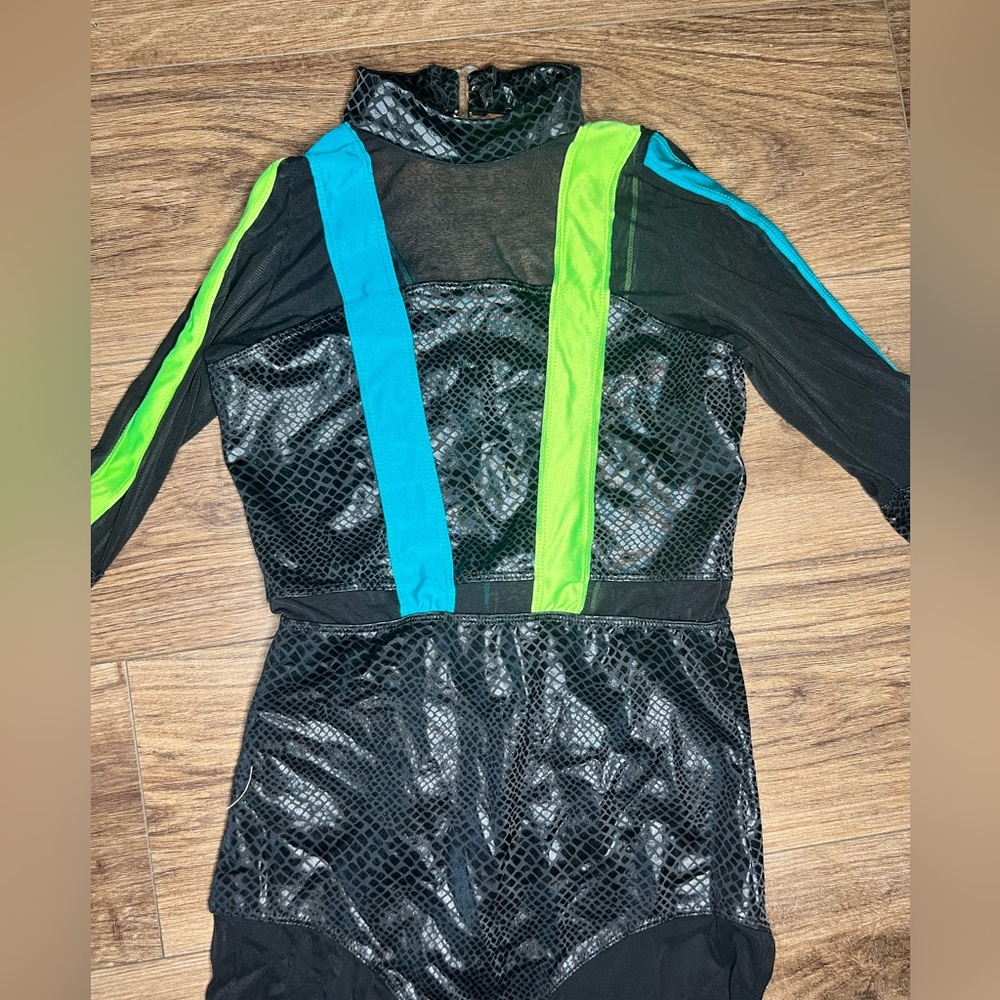 Kids acro/jazz Dance Costume in Black, Blue, and Neon Green